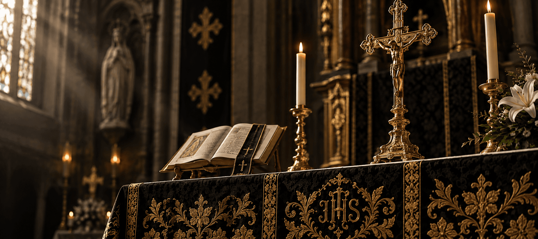 Altar de igreja católica com toalha de renda e castiçais acesos