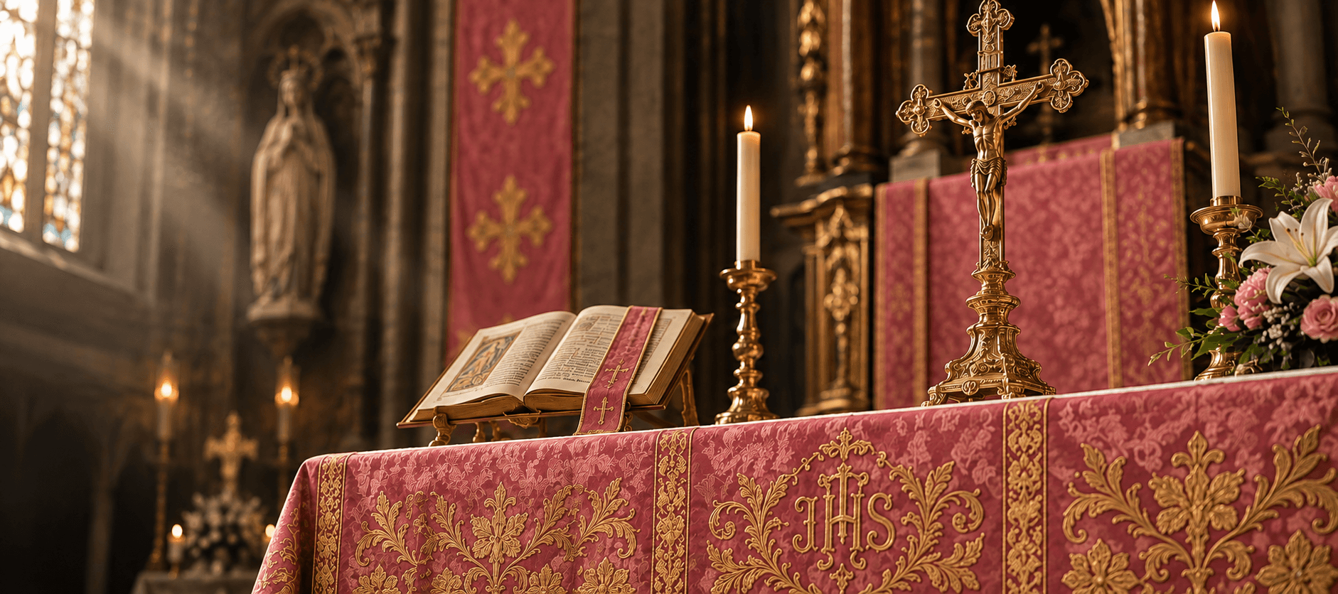 Altar de igreja católica com toalha de renda e castiçais acesos