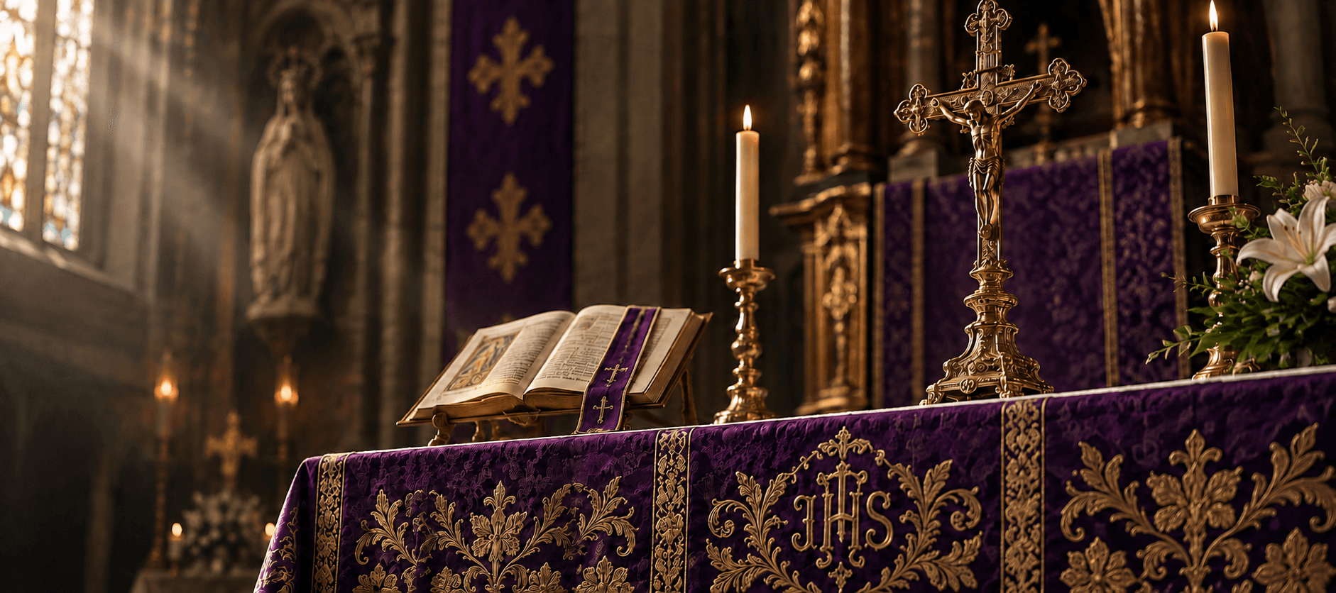 Altar de igreja católica com toalha de renda e castiçais acesos