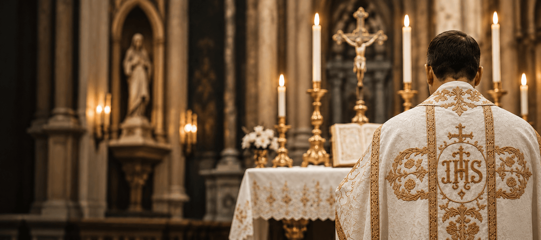Altar de igreja católica com toalha de renda e castiçais acesos